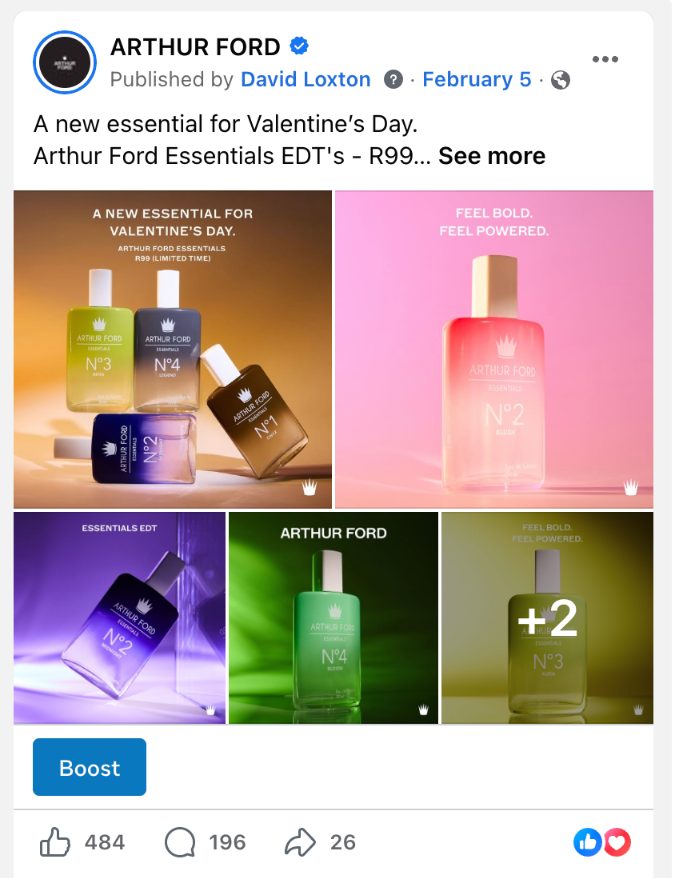 Arthur Ford Facebook post for Valentine's Day showing the Essentials N°1 to N°4 bottles, with 484 reactions, 196 comments and 26 shares