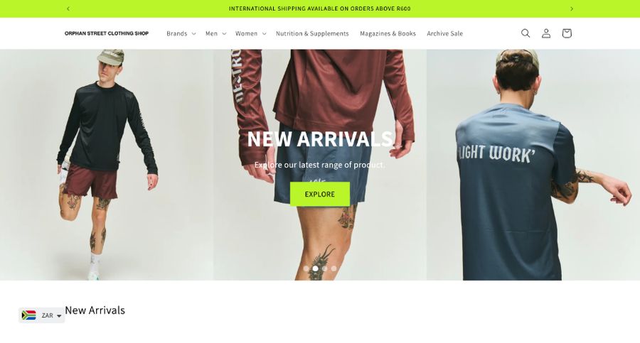 Orphan Street Clothing Shop homepage with brand menu, new arrivals banner and lime green shipping bar