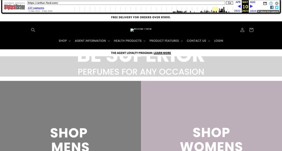 arthur-ford.com homepage in May 2023 with a broken logo and grey Shop Mens and Shop Womens tiles